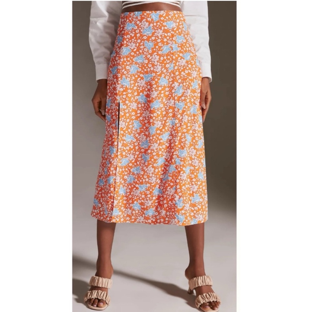Maeve Orange Floral Midi Skirt with Blue Accents